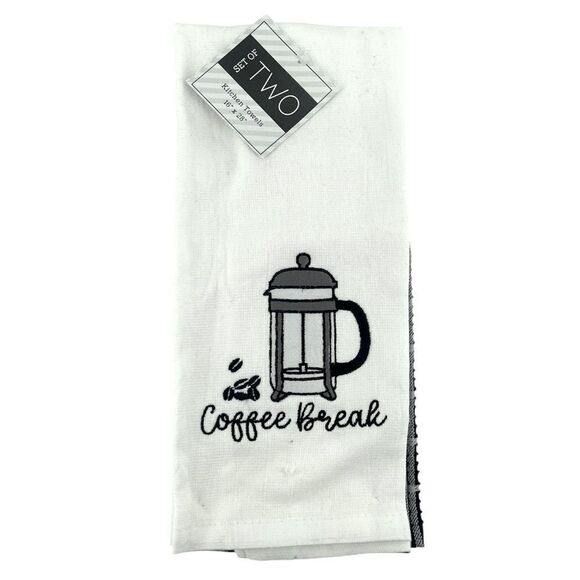 COFFEE BREAK Embroidered Cotton Black White Kitchen Towels, Set of 2, 16” x 28” - Picture 1 of 9